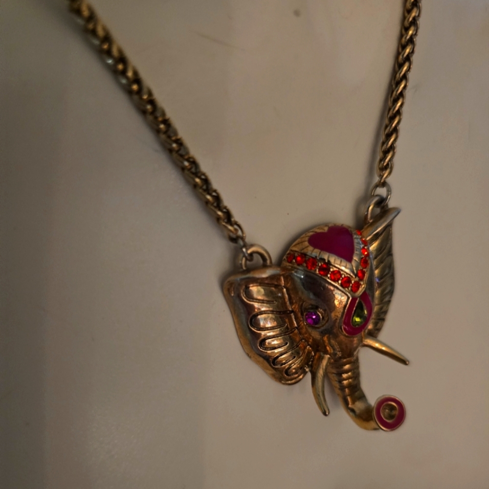 Betsey Johnson India Elephant Necklace Bling Rhinestones Adjustable Length 21"